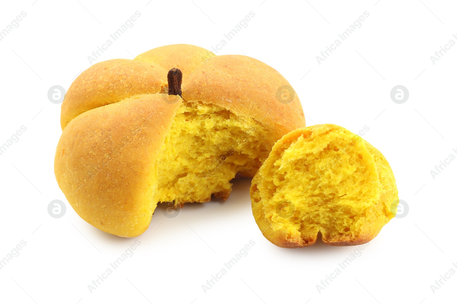 Photo of One tasty pumpkin shaped bun isolated on white