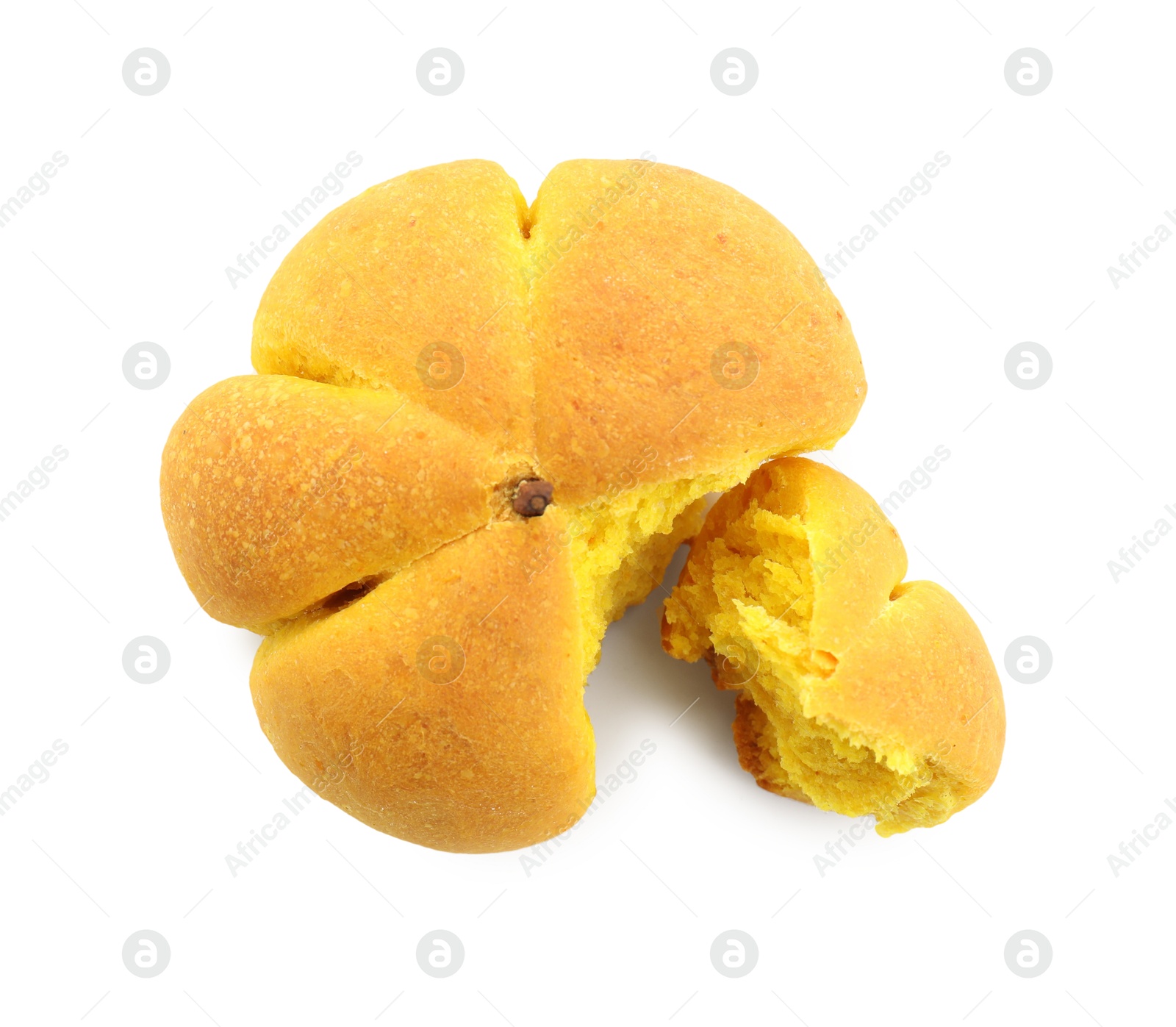 Photo of One tasty pumpkin shaped bun isolated on white, top view