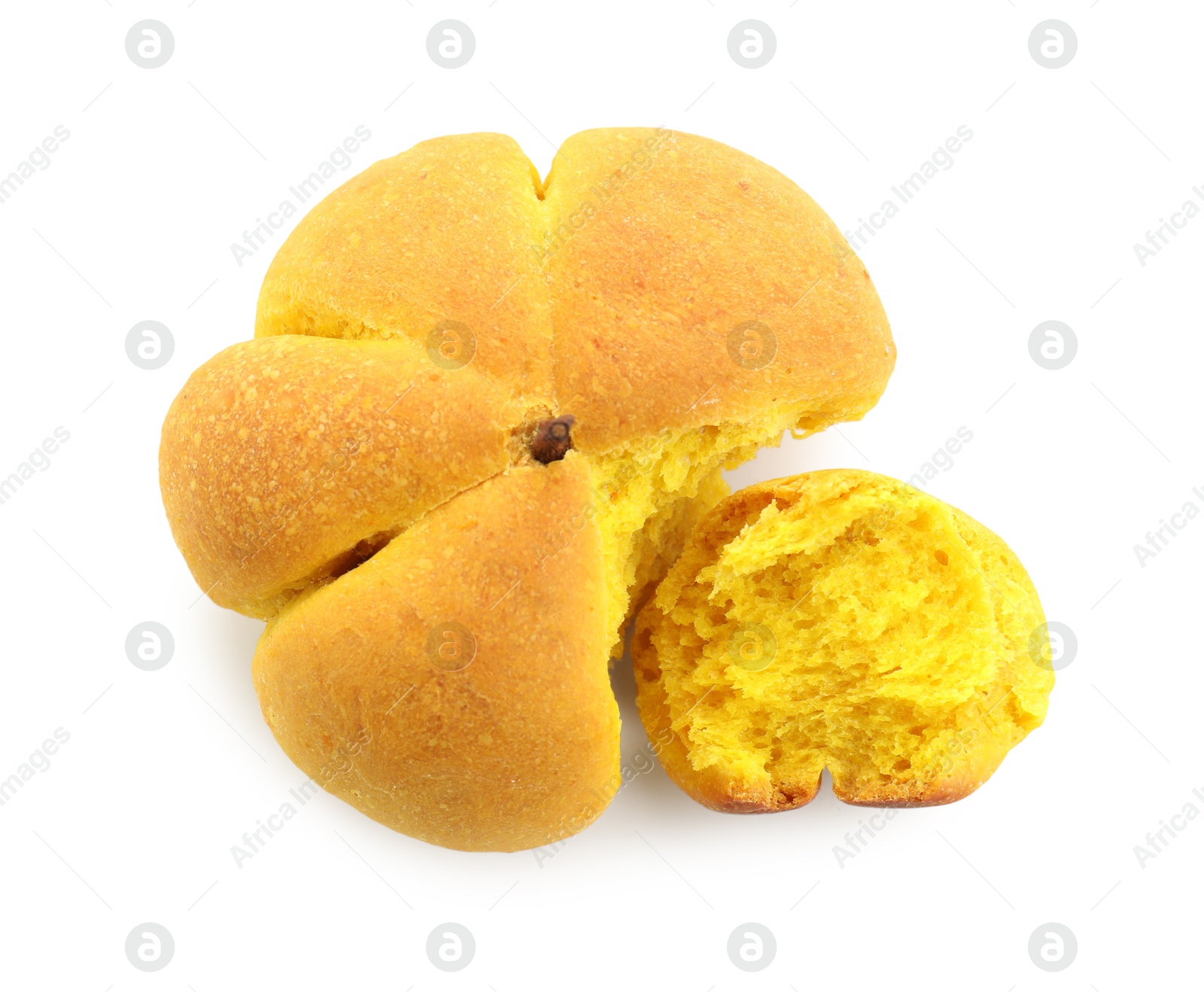 Photo of One tasty pumpkin shaped bun isolated on white, top view