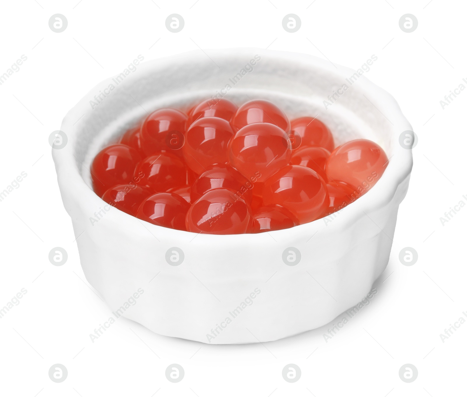 Photo of Bright tapioca pearls in bowl isolated on white