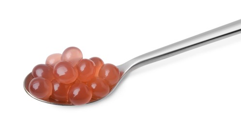 Photo of Bright tapioca pearls in spoon isolated on white