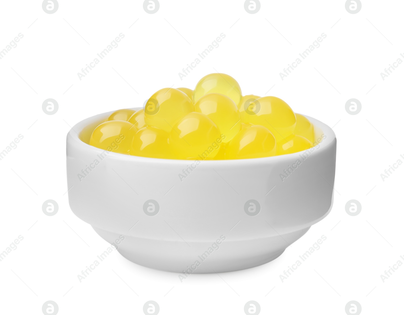 Photo of Bright tapioca pearls in bowl isolated on white