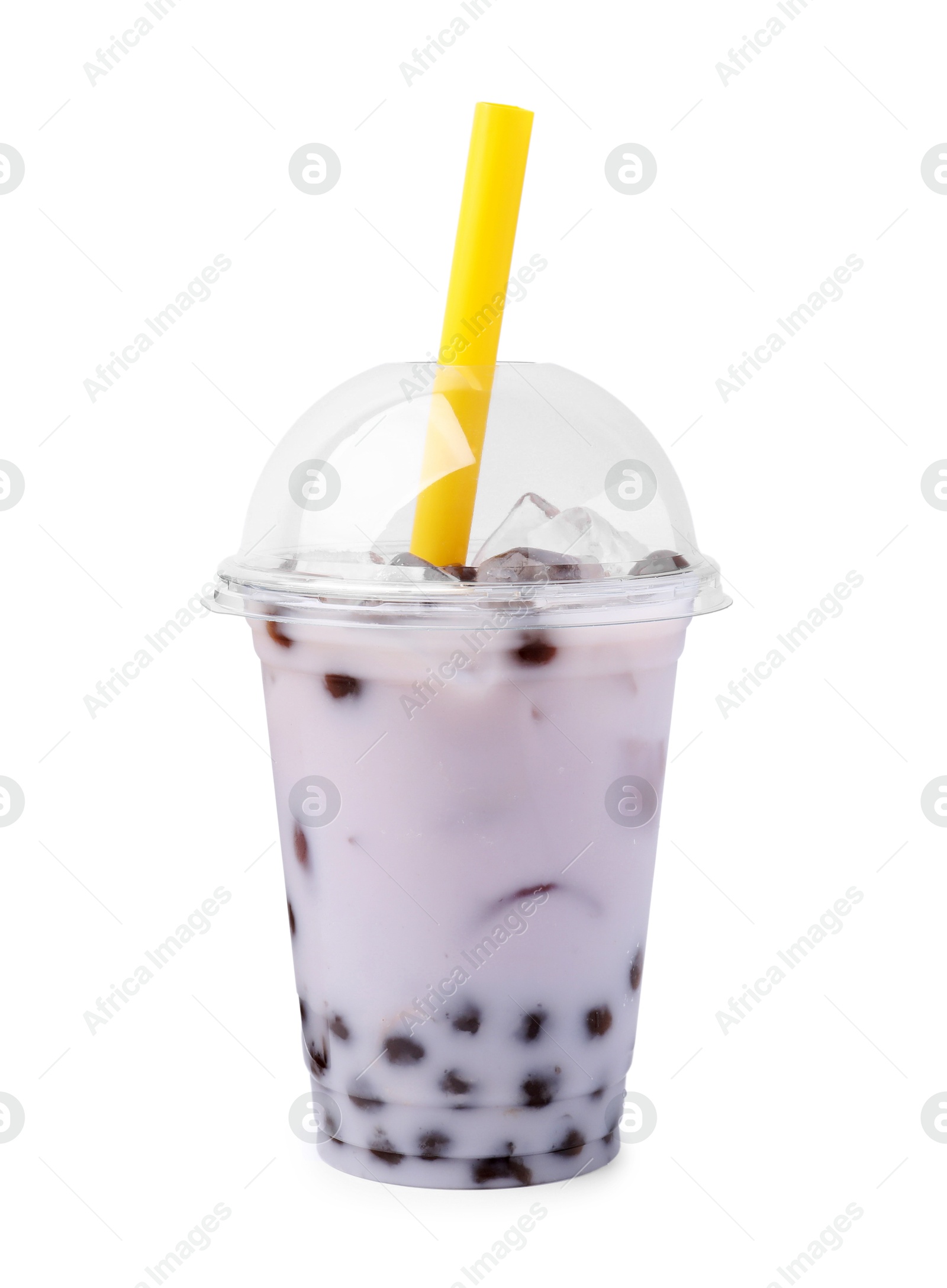 Photo of Tasty milk bubble tea in plastic cup isolated on white