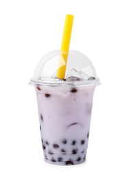 Photo of Tasty milk bubble tea in plastic cup isolated on white