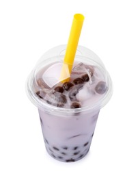 Photo of Tasty milk bubble tea in plastic cup isolated on white