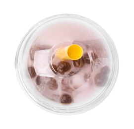 Tasty milk bubble tea in plastic cup isolated on white, top view