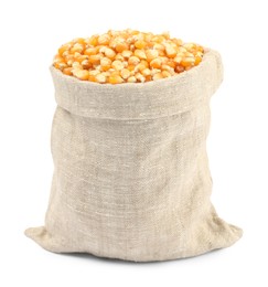 Photo of Fresh corn kernels in burlap sack isolated on white