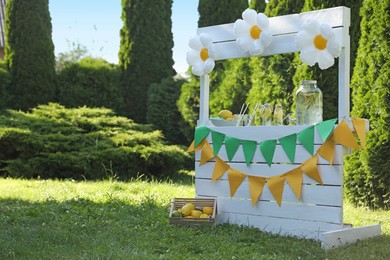 Lemonade stand with refreshing drink and fresh fruits in park, space for text