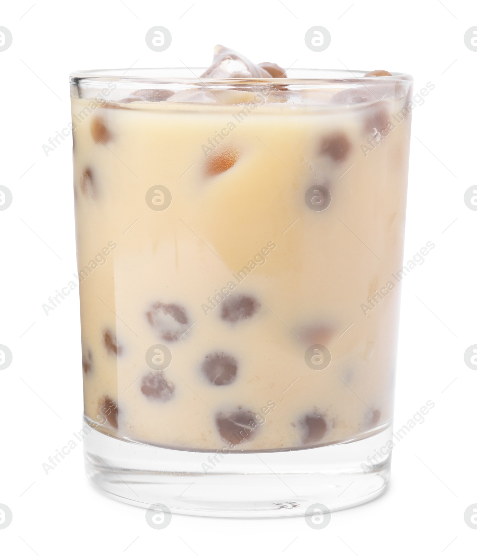 Photo of Tasty milk bubble tea in glass isolated on white