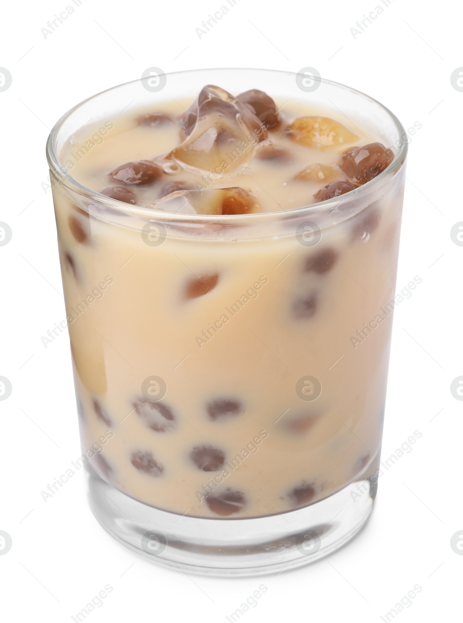 Photo of Tasty milk bubble tea in glass isolated on white