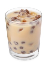 Tasty milk bubble tea in glass isolated on white