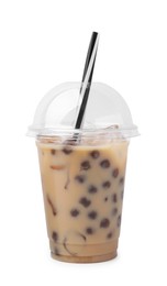 Tasty milk bubble tea in plastic cup isolated on white