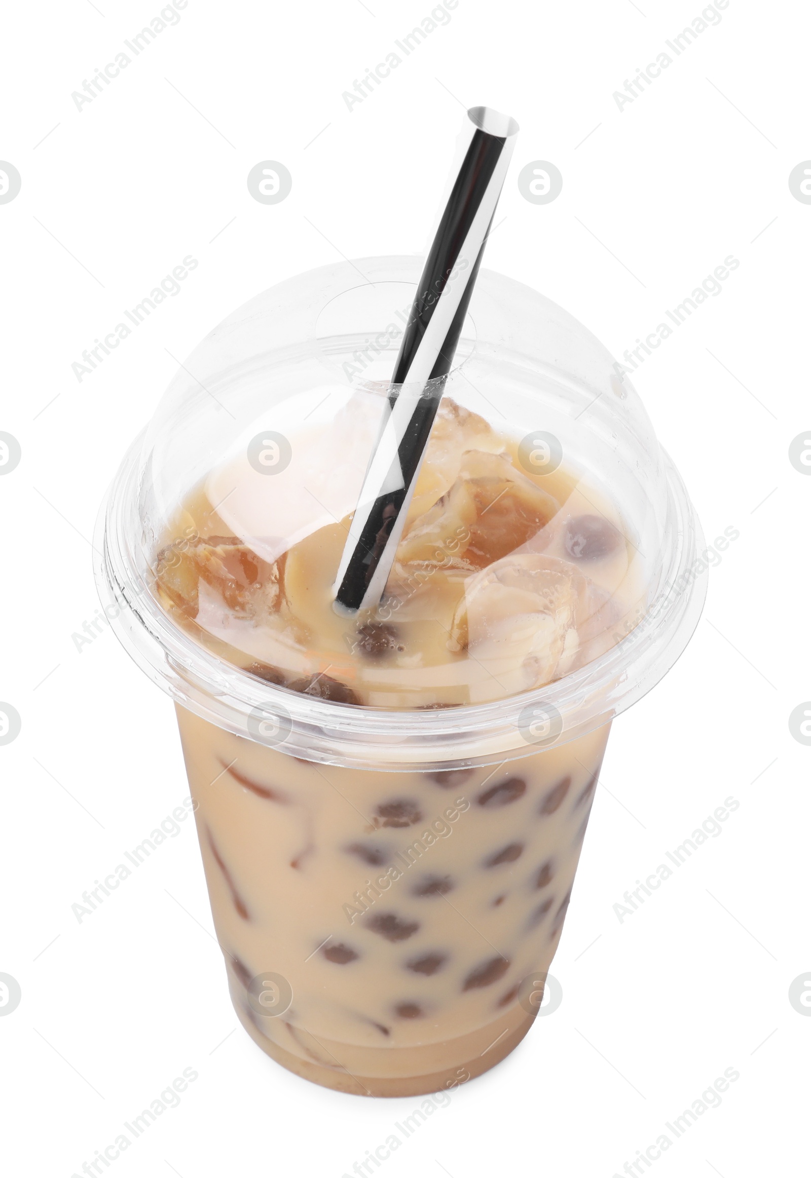 Photo of Tasty milk bubble tea in plastic cup isolated on white