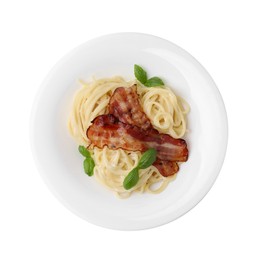 Photo of Delicious pasta Carbonara with bacon and basil isolated on white, top view