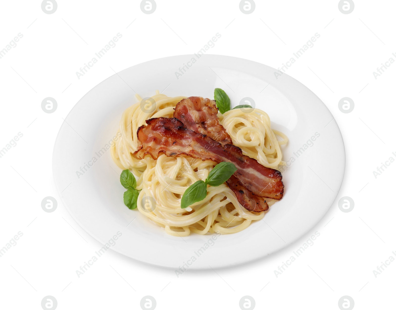 Photo of Delicious pasta Carbonara with bacon and basil isolated on white