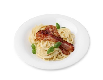 Photo of Delicious pasta Carbonara with bacon and basil isolated on white