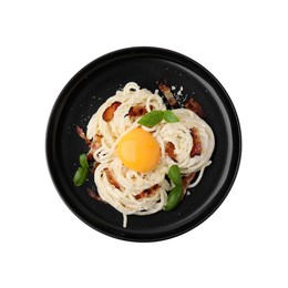 Photo of Delicious pasta Carbonara with egg yolk, bacon and basil isolated on white, top view