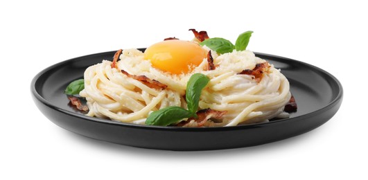 Photo of Delicious pasta Carbonara with egg yolk, bacon and basil isolated on white