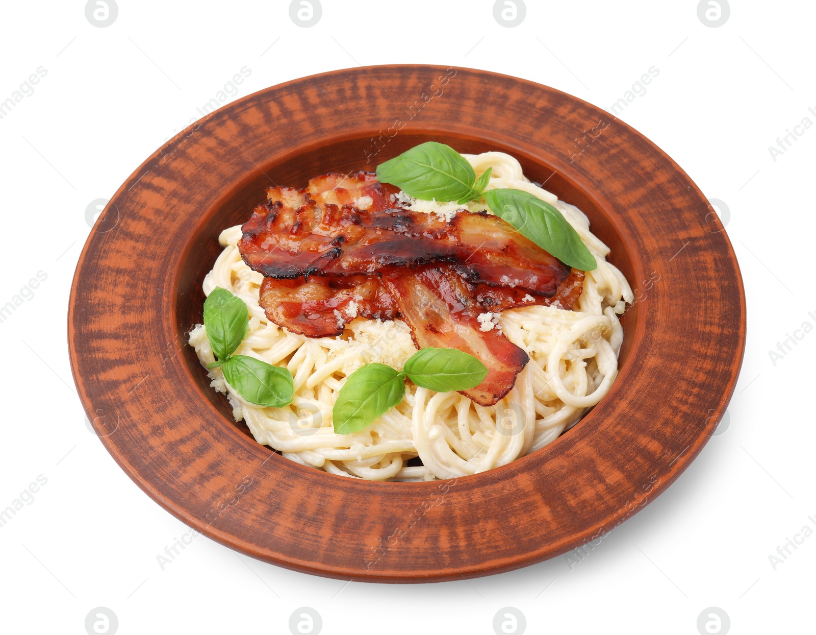 Photo of Delicious pasta Carbonara with bacon and basil isolated on white