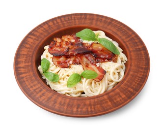 Delicious pasta Carbonara with bacon and basil isolated on white