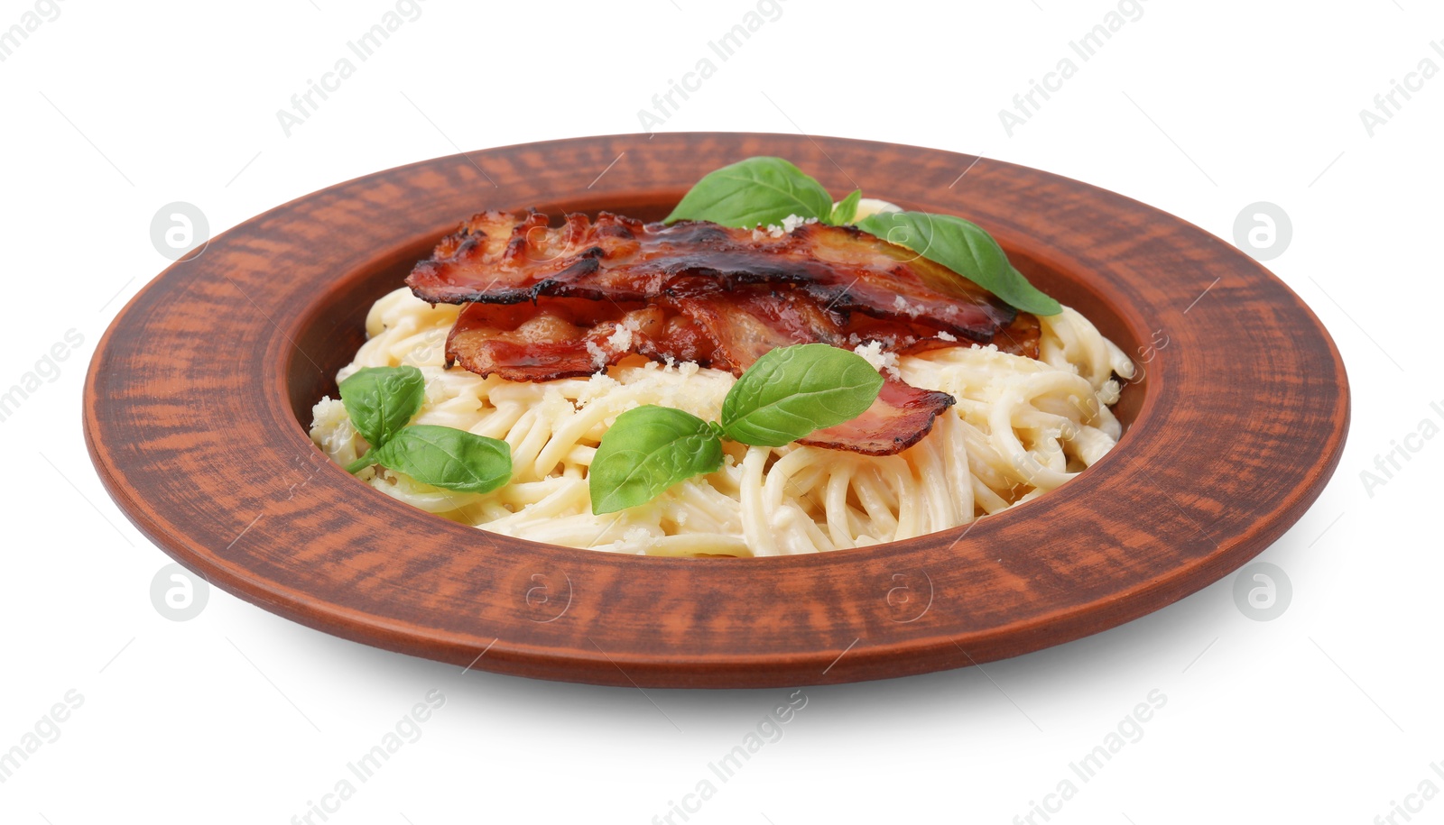 Photo of Delicious pasta Carbonara with bacon and basil isolated on white