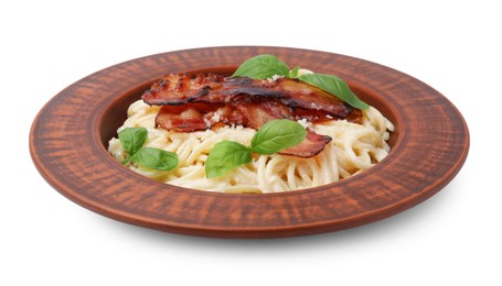 Delicious pasta Carbonara with bacon and basil isolated on white