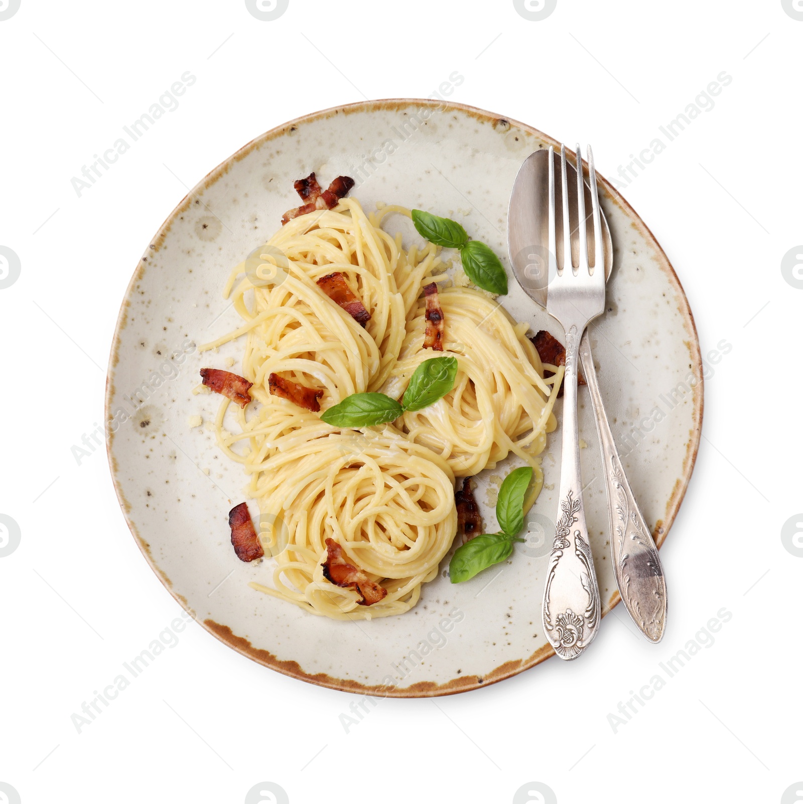 Photo of Delicious pasta with bacon and basil isolated on white, top view