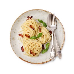 Photo of Delicious pasta with bacon and basil isolated on white, top view