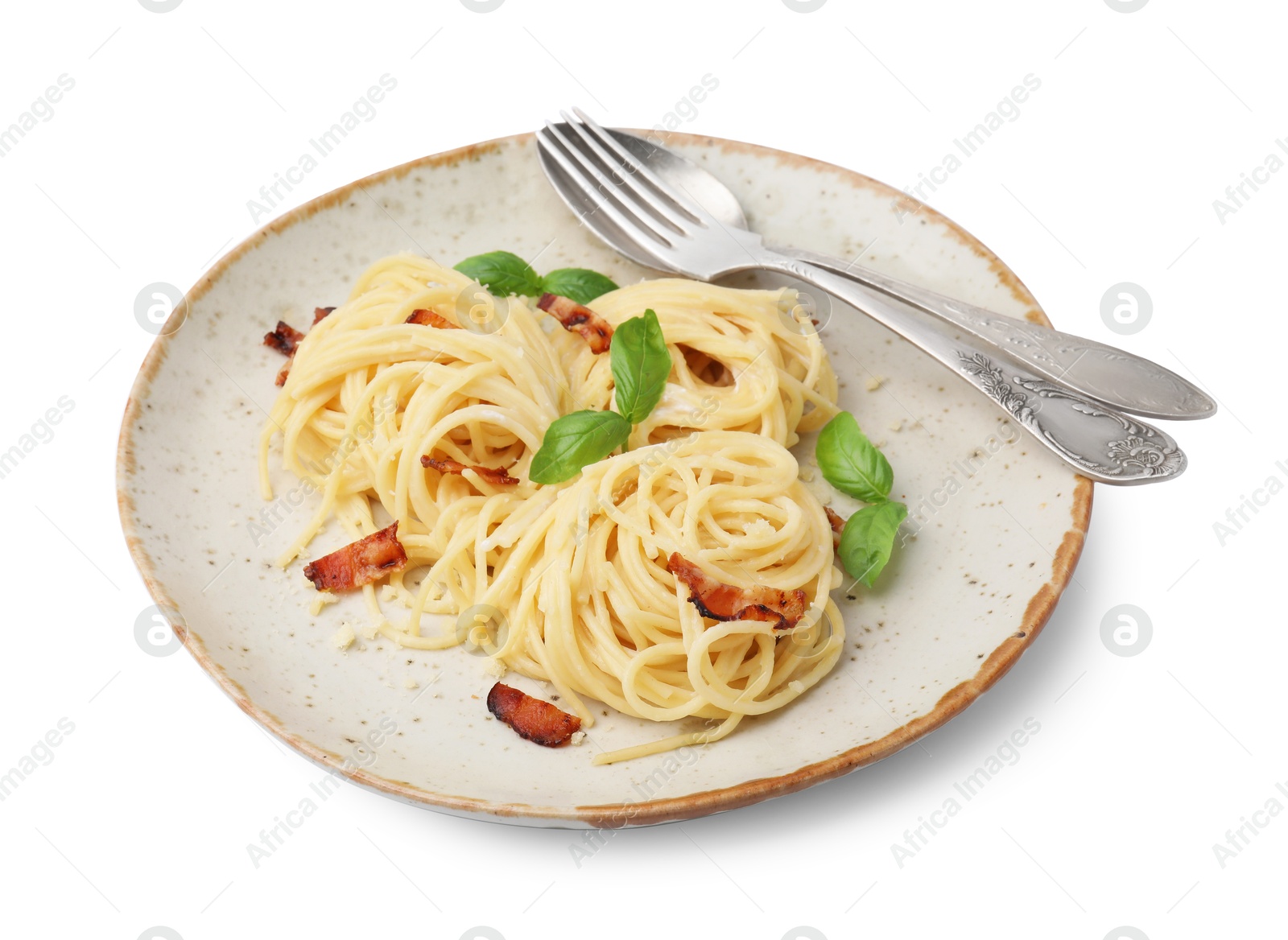 Photo of Delicious pasta with bacon and basil isolated on white