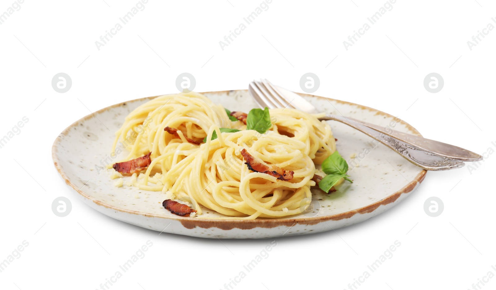 Photo of Delicious pasta with bacon and basil isolated on white