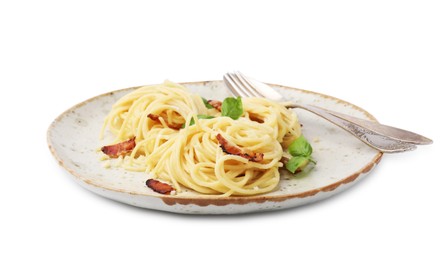 Delicious pasta with bacon and basil isolated on white