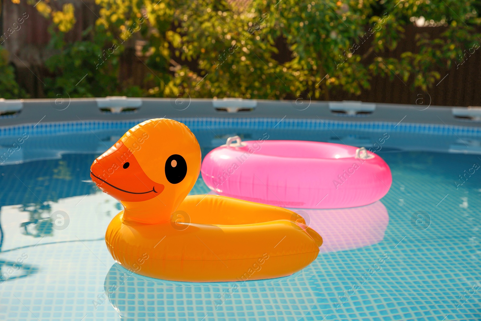 Photo of Inflatable rings on water in above ground swimming pool outdoors