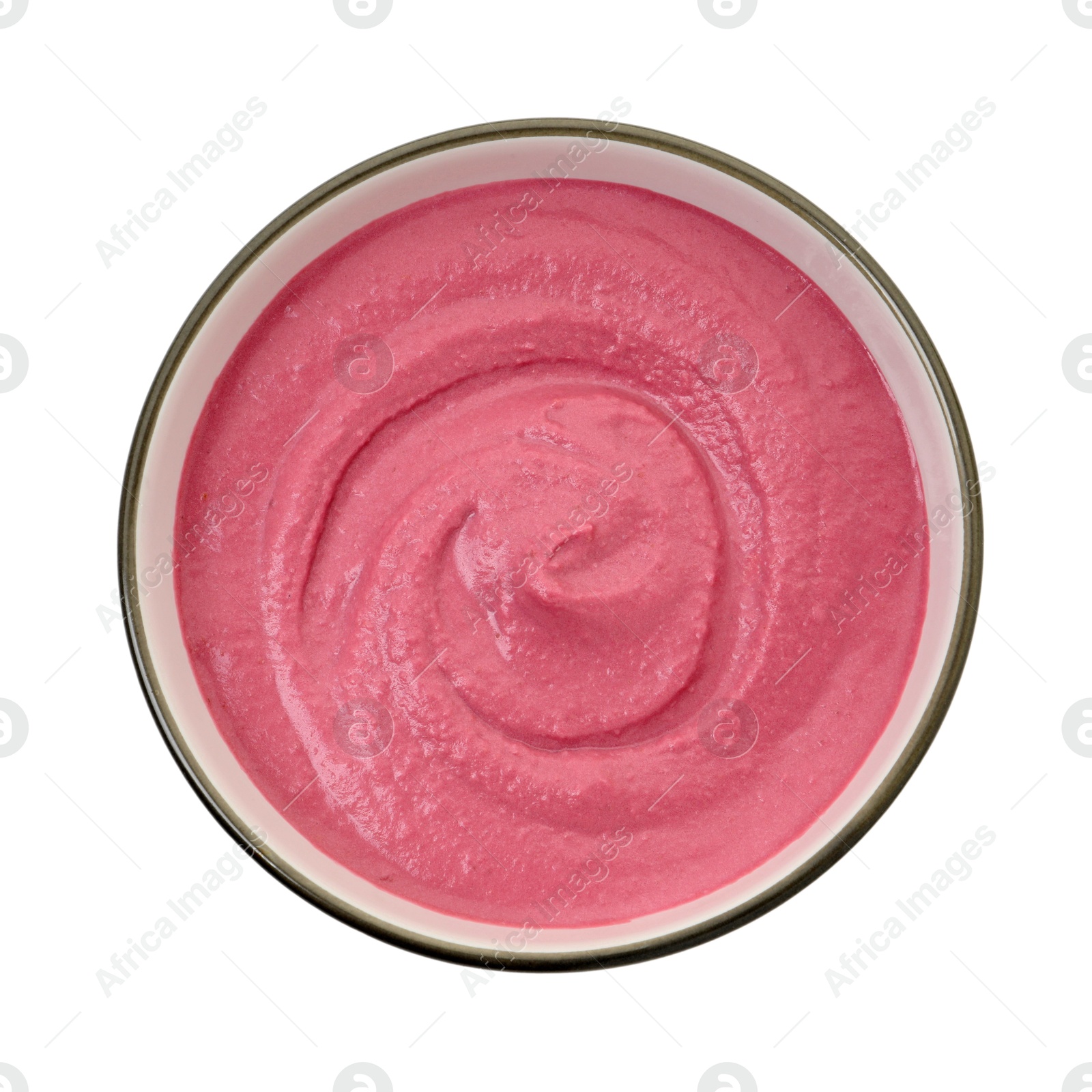 Photo of Tasty beetroot hummus in bowl isolated on white, top view