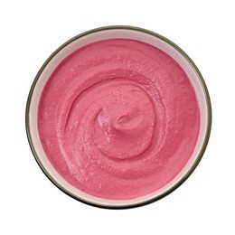 Photo of Tasty beetroot hummus in bowl isolated on white, top view