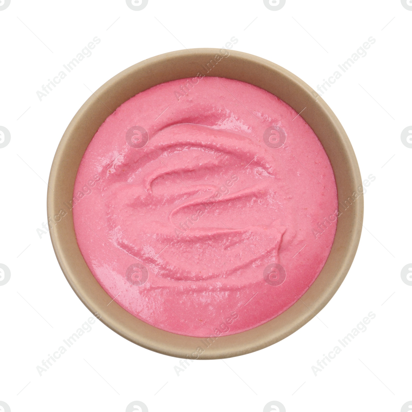 Photo of Tasty beetroot hummus in bowl isolated on white, top view