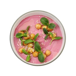 Photo of Tasty beetroot hummus and chickpeas in bowl isolated on white, top view