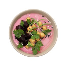 Photo of Tasty beetroot hummus and chickpeas in bowl isolated on white, top view