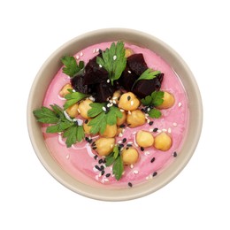 Photo of Tasty beetroot hummus and chickpeas in bowl isolated on white, top view