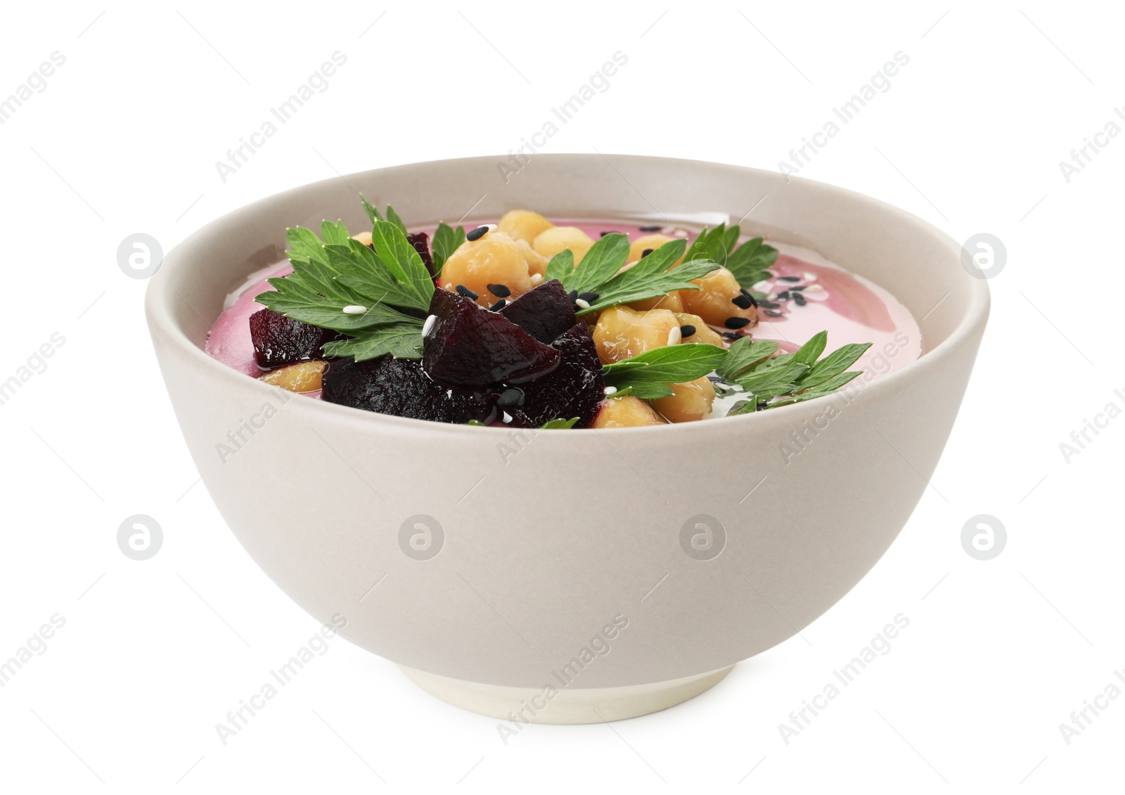 Photo of Tasty beetroot hummus and chickpeas in bowl isolated on white