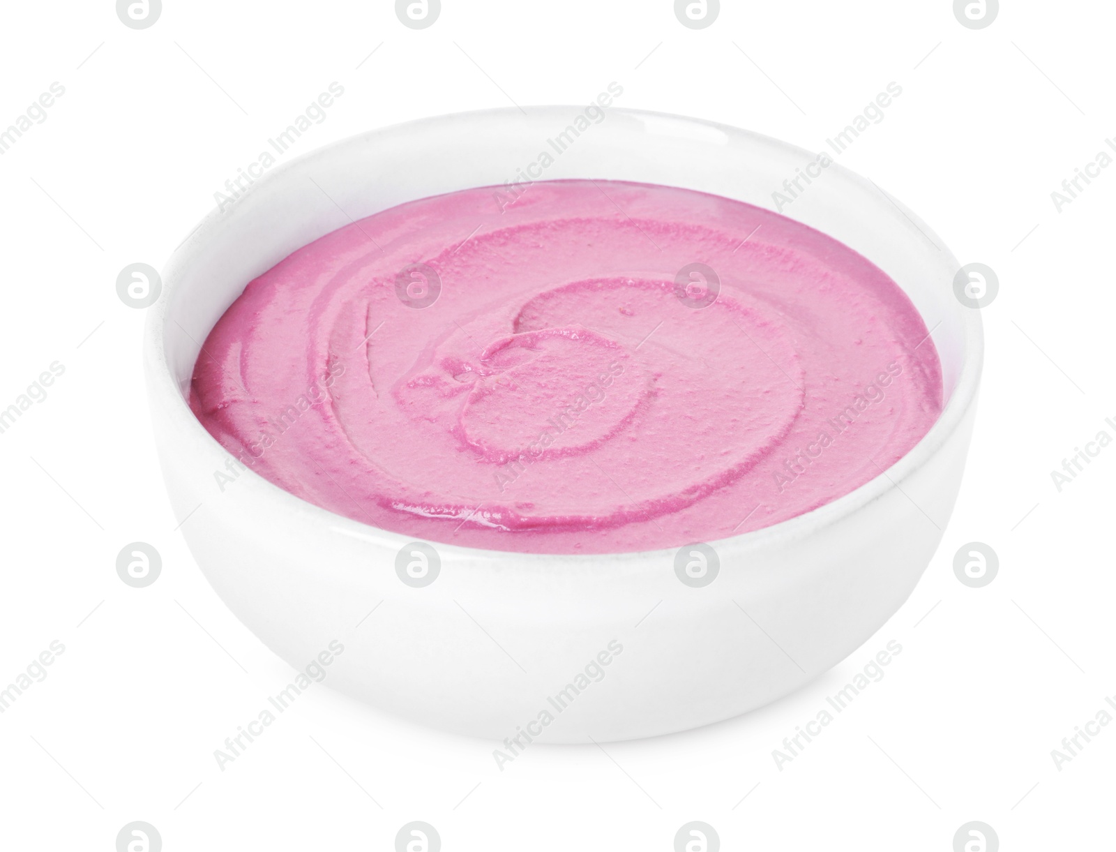 Photo of Tasty beetroot hummus in bowl isolated on white