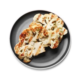 Photo of Delicious grilled cauliflower steaks isolated on white, top view