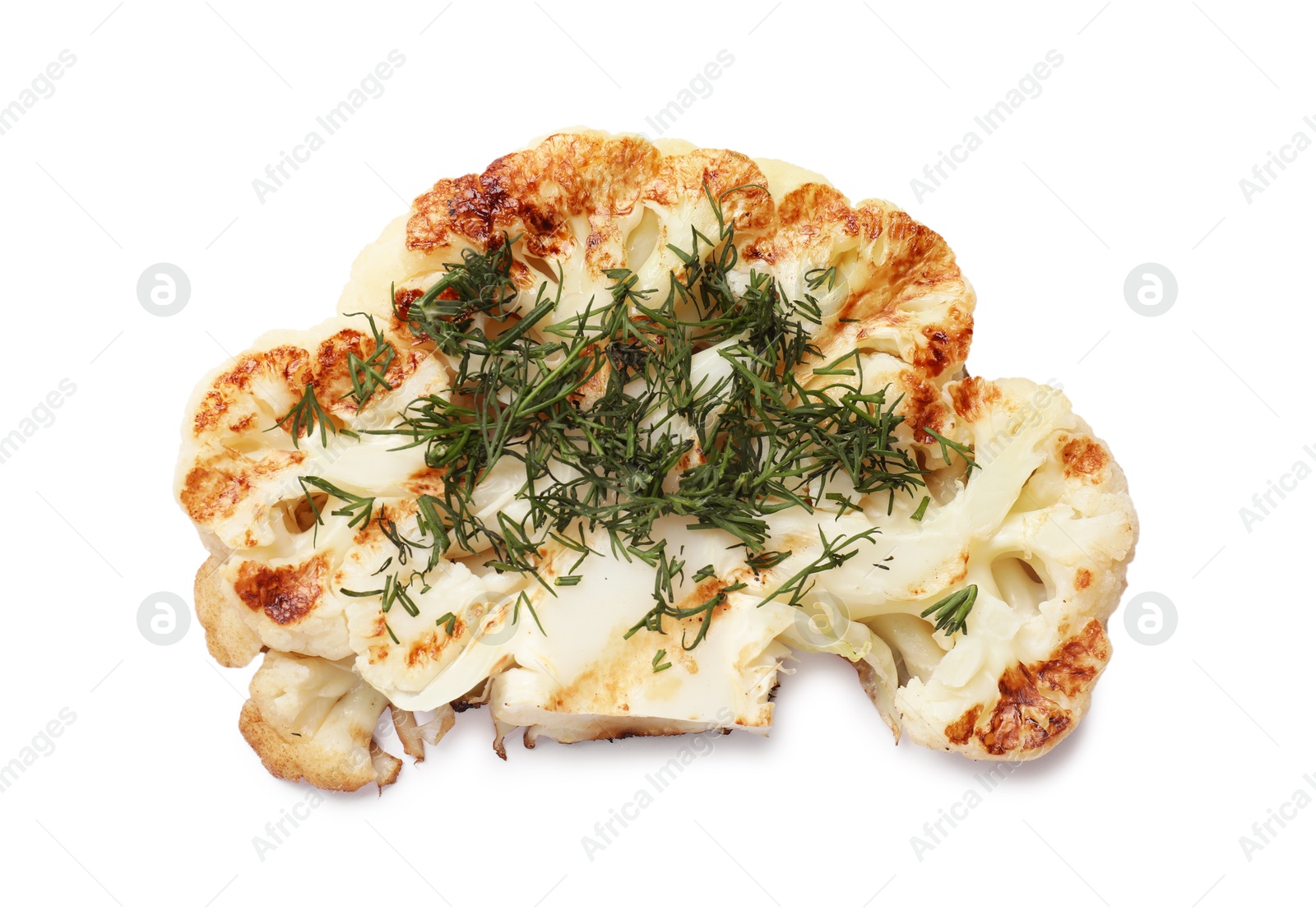 Photo of Delicious grilled cauliflower steak with dill isolated on white, top view