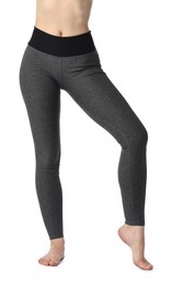 Photo of Woman wearing sports leggings on white background, closeup