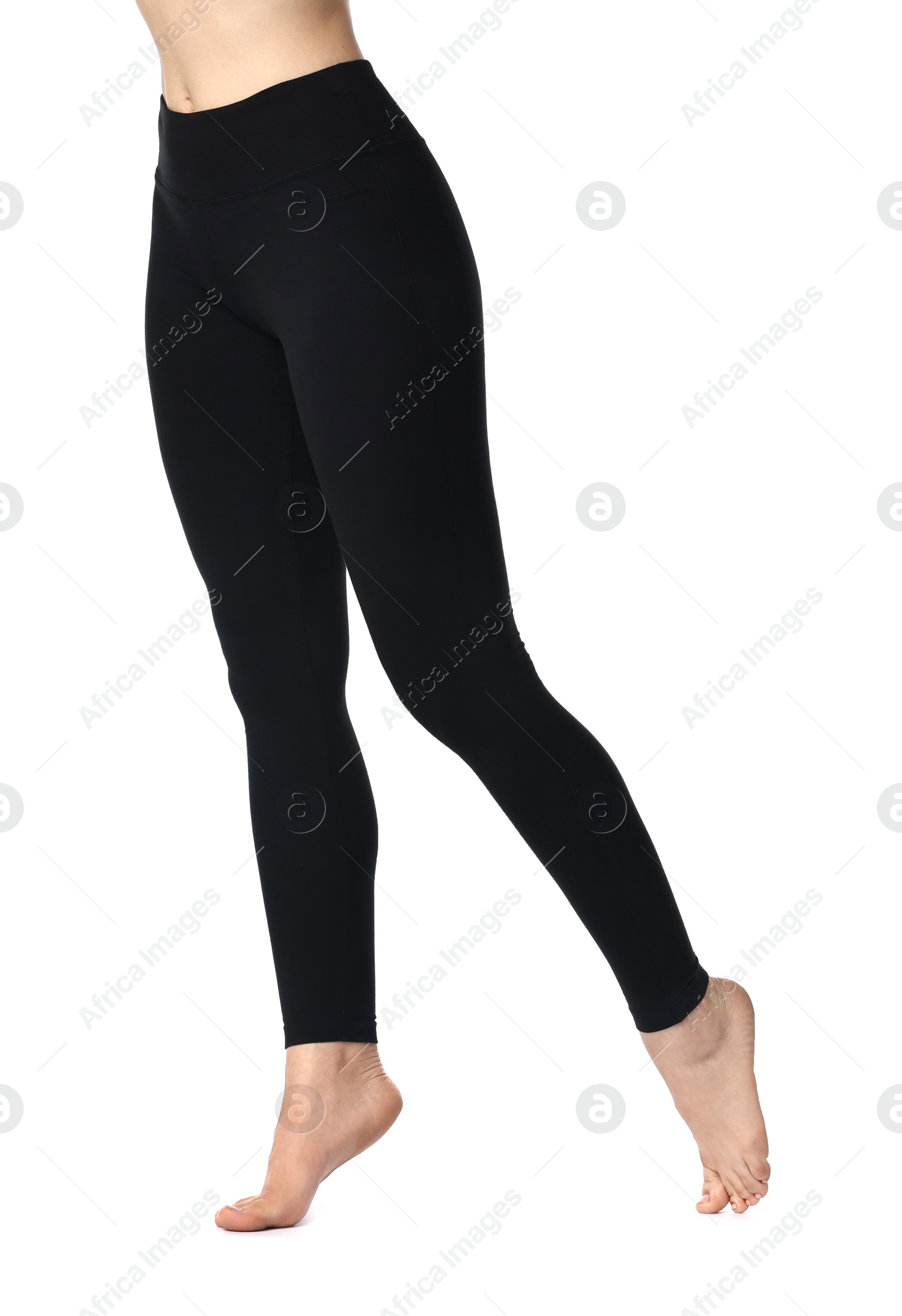 Photo of Woman wearing black sports leggings on white background, closeup