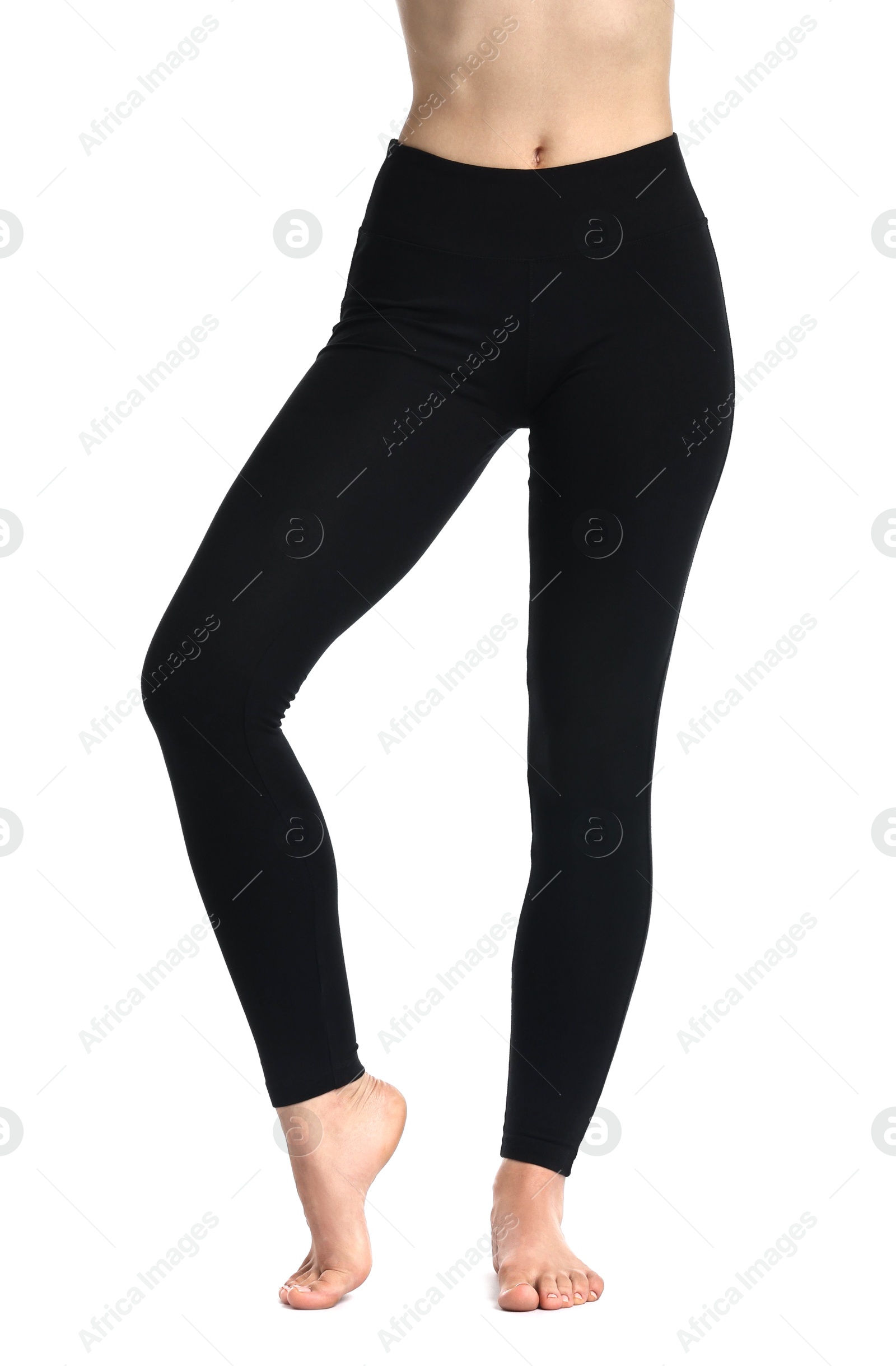 Photo of Woman wearing black sports leggings on white background, closeup