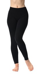 Photo of Woman wearing black sports leggings on white background, closeup