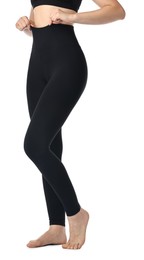 Photo of Woman wearing black sports leggings on white background, closeup