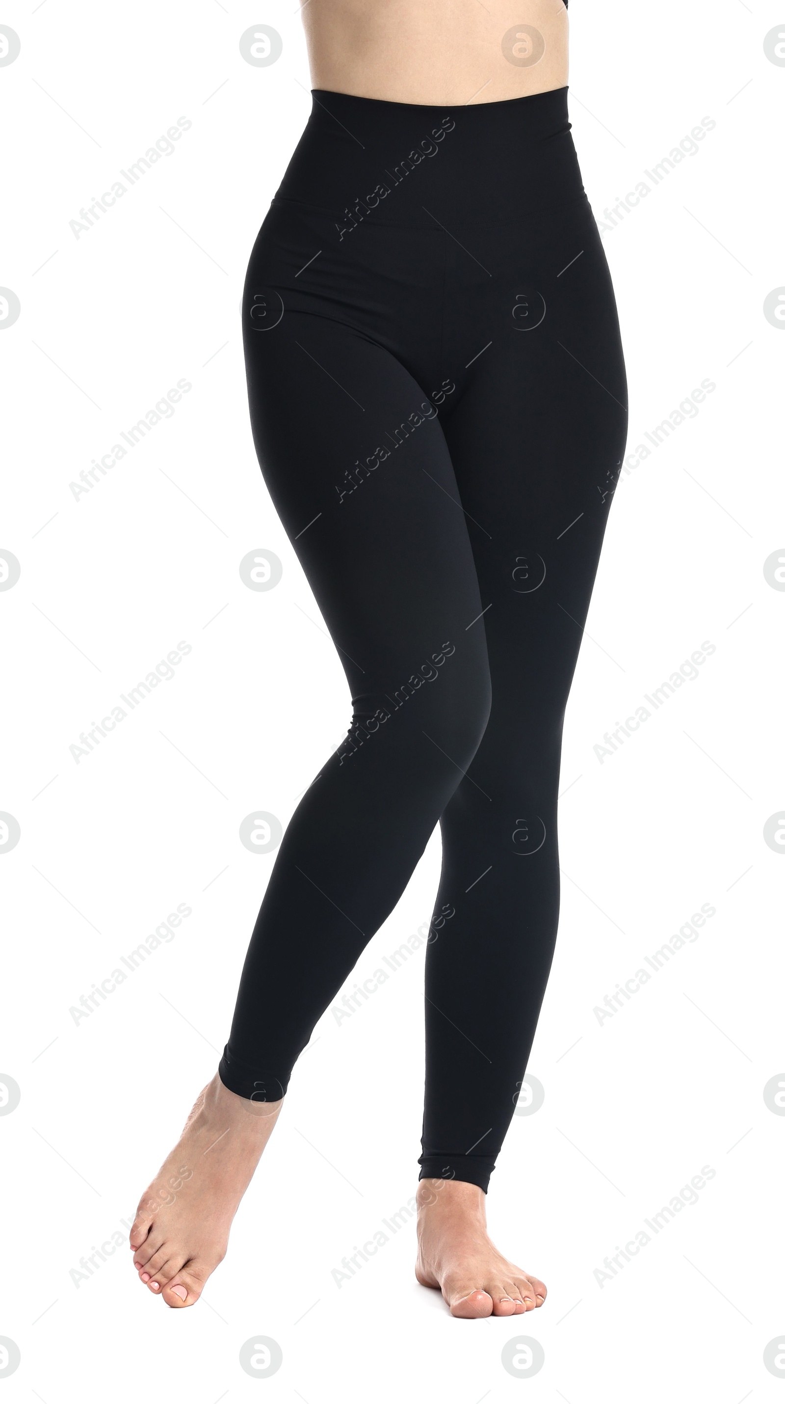 Photo of Woman wearing black sports leggings on white background, closeup