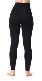 Photo of Woman wearing black sports leggings on white background, closeup