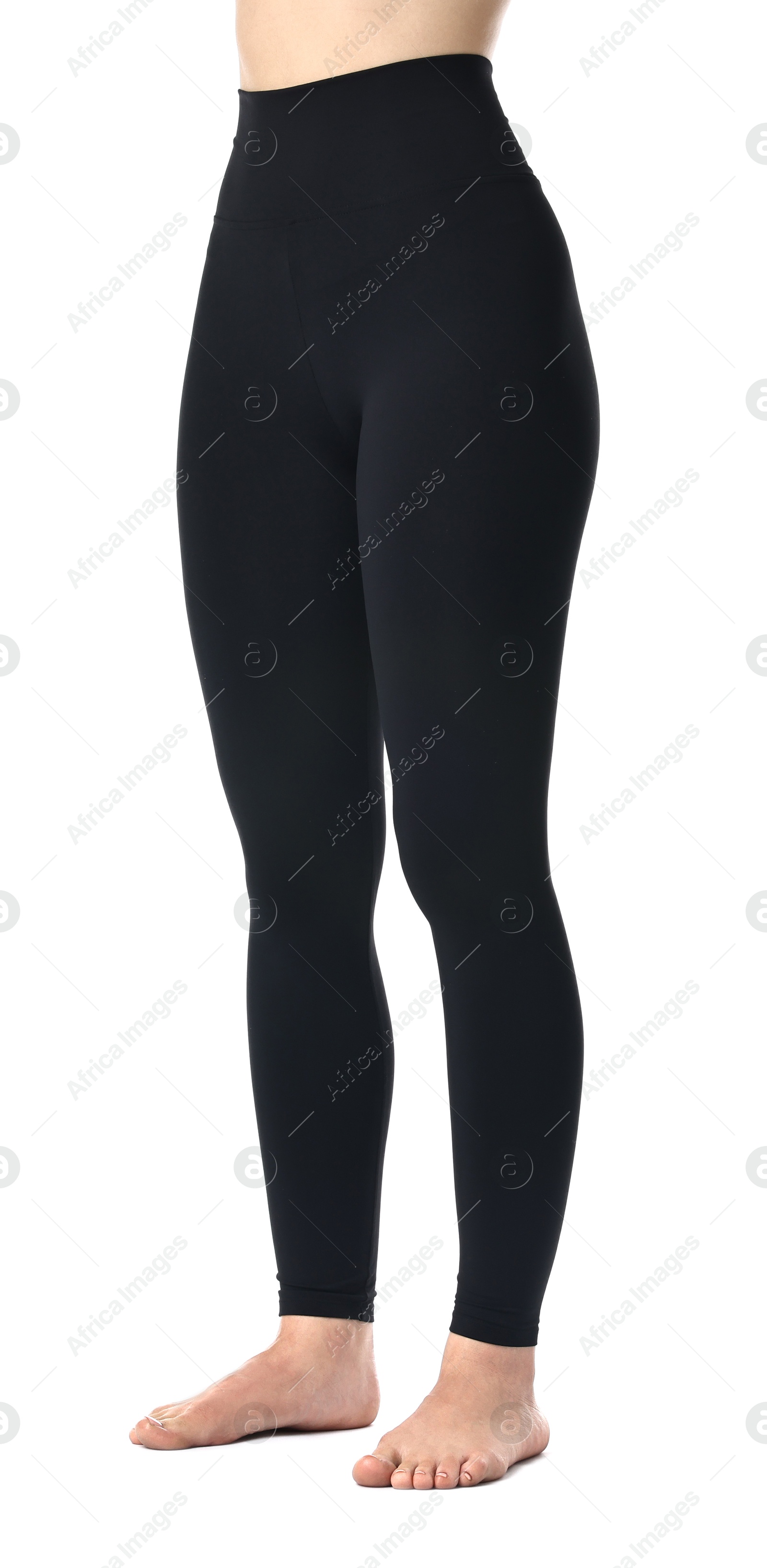 Photo of Woman wearing black sports leggings on white background, closeup